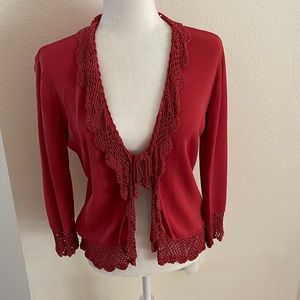 J.A.C. Ladies Lacey Sweater with front tie. Size L. Dark Coral